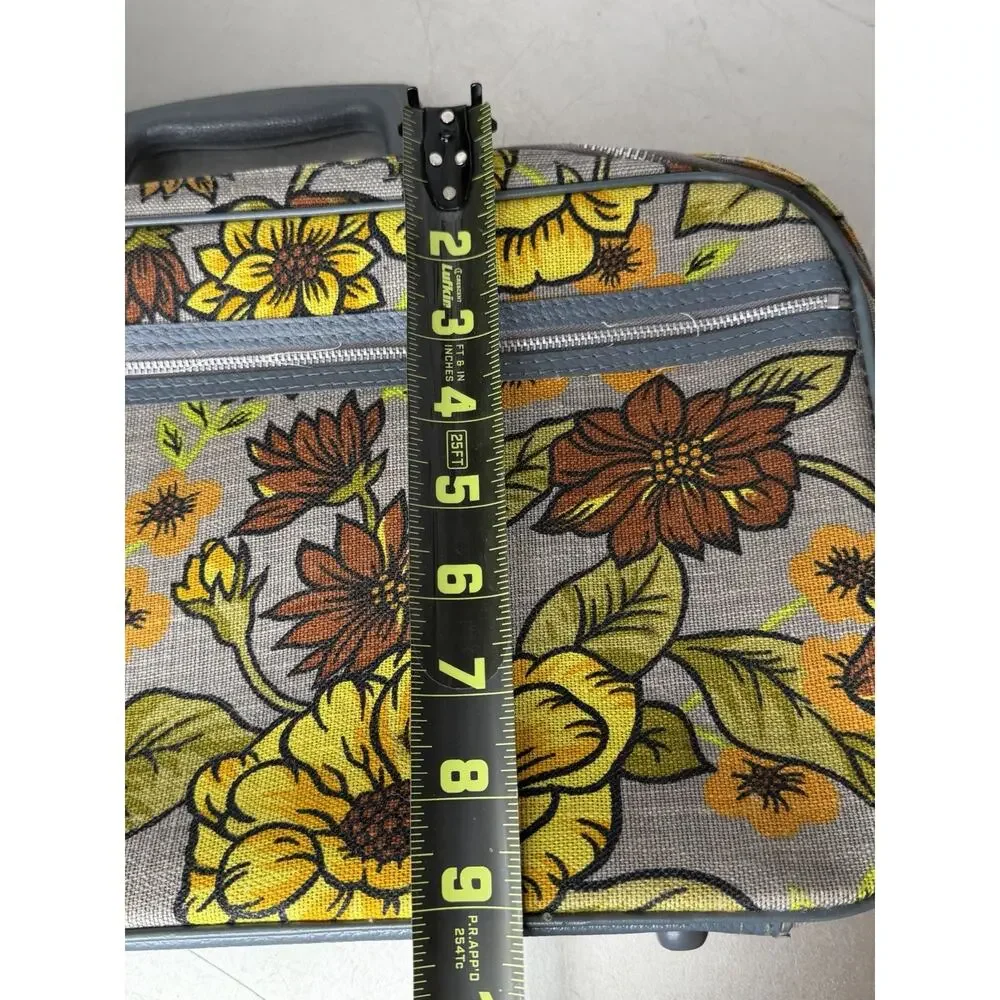Vintage BANTAM TRAVEL 1960’s Fabric Canvas Yellow Gray Floral Suitcase Retro